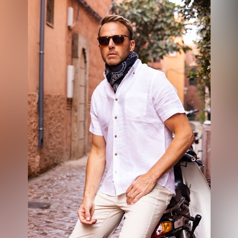Tailor Vintage Linen coastal boho resortwear Button down short sleeved shirt - Picture 2 of 11